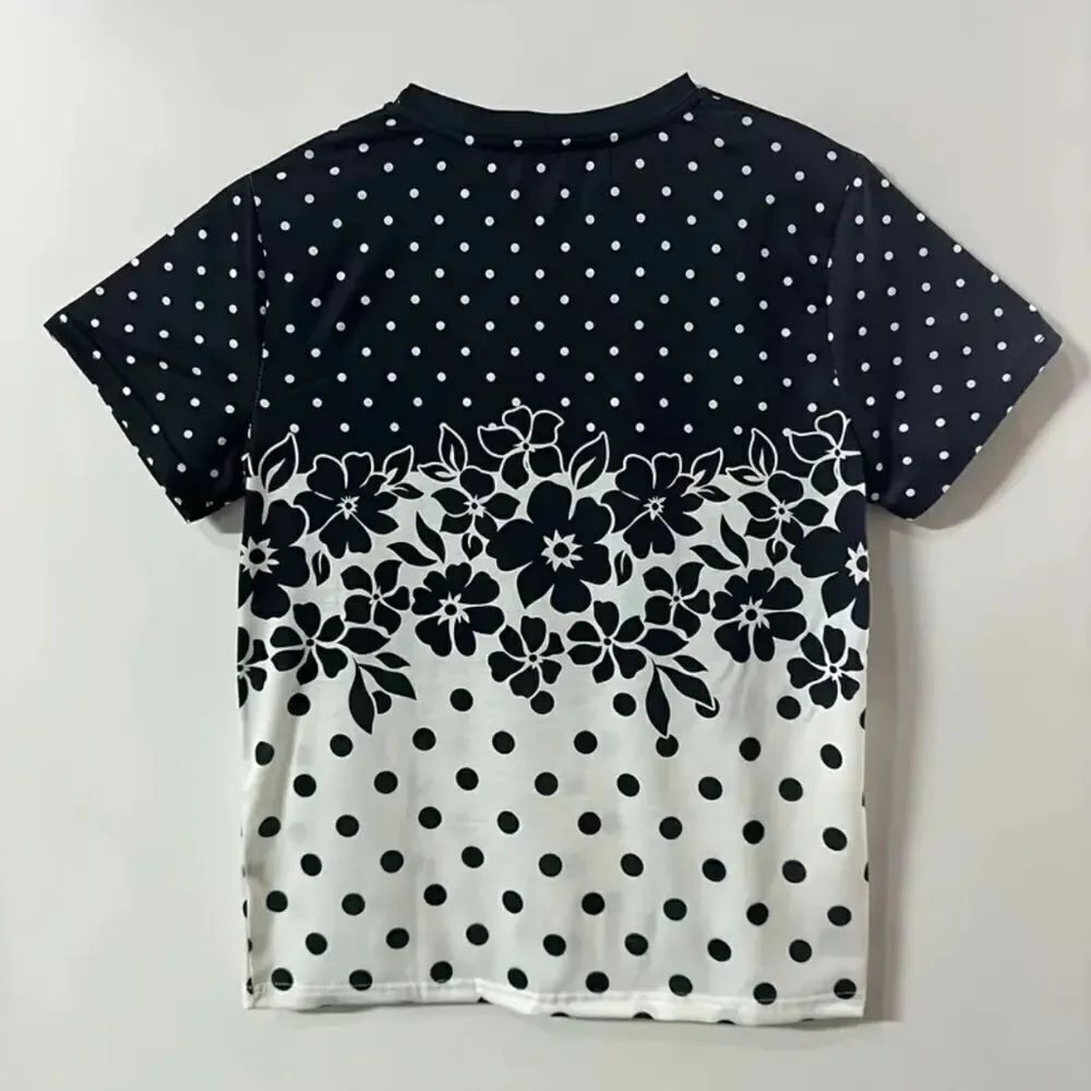 Black White Floral Polka Dot Patterned T-Shirt Sophisticated Chic - Sz 14 - Picture 2 of 4